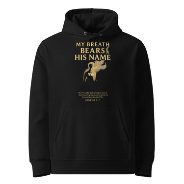 My Breath Bears His Name Hoodie Black flat mockup, front glowing breath design